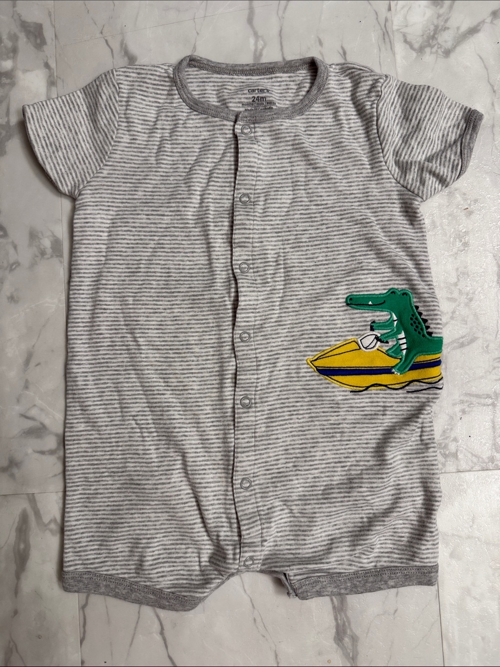 Carter's Gray Striped One-Piece with Green Crocodile and Yellow Boat